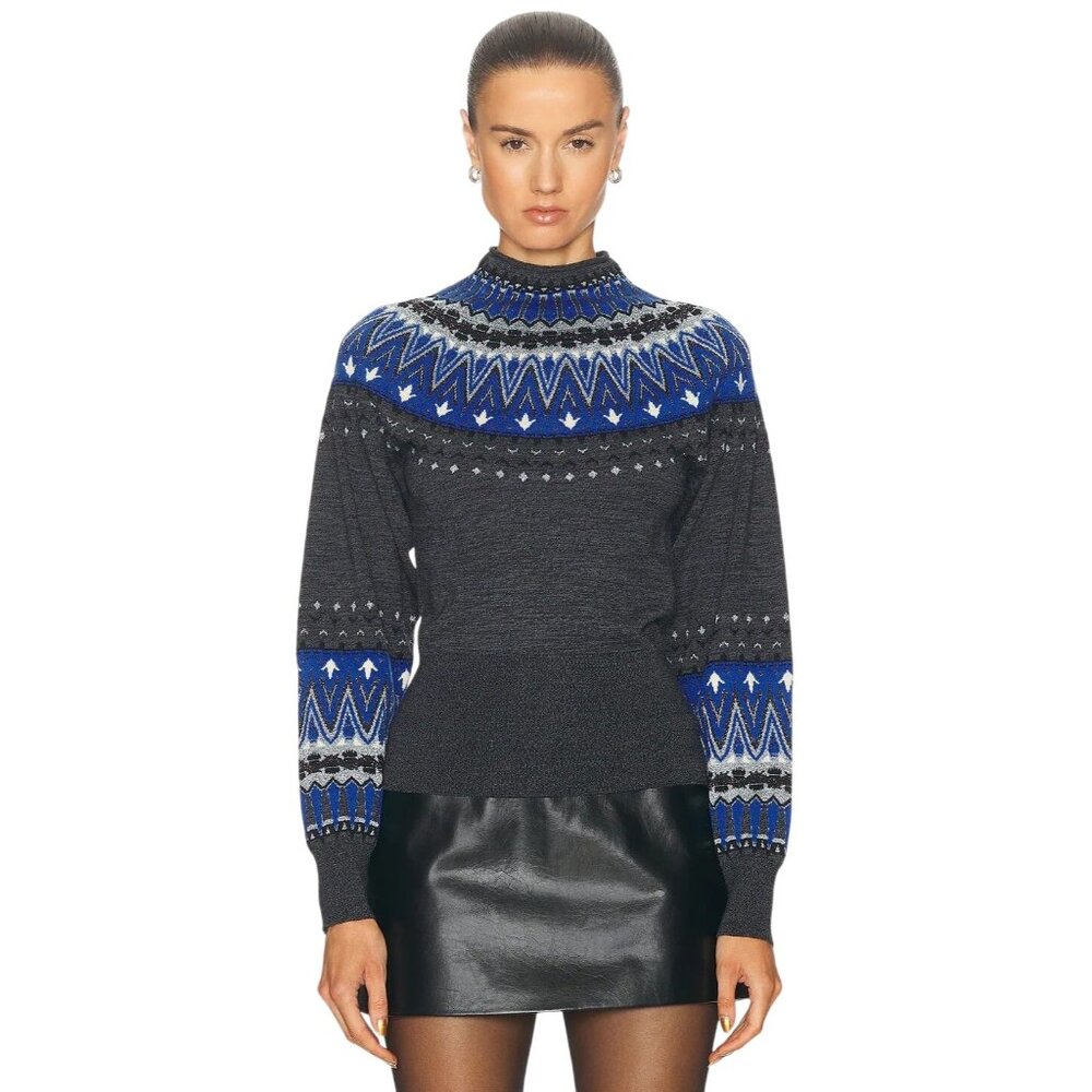 RABANNE Fair-isle Pullover Sweater in Dark Grey Large New Womens Knit Top